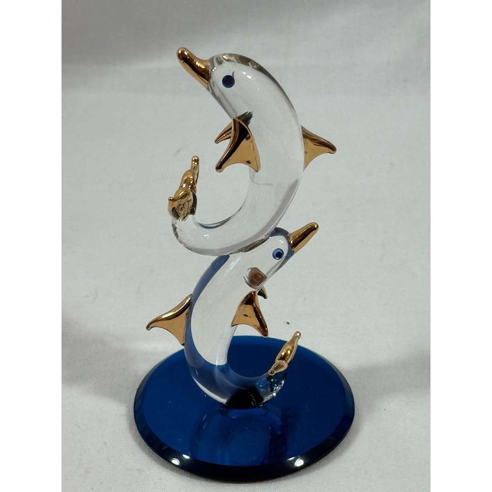 Glass Baron Handcrafted Dual Dolphin Figurine 22k Gold Accents S2 294G Blue Base